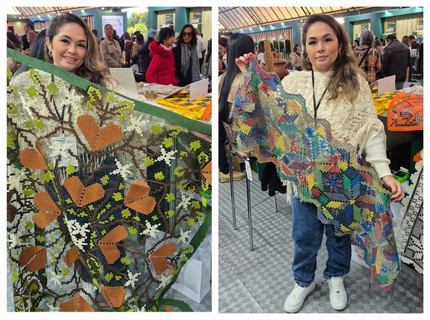A artesã Claisa Figueiredo exibe peças de renda de Jaguaribe (CE), produto que recebeu indicação geográfica